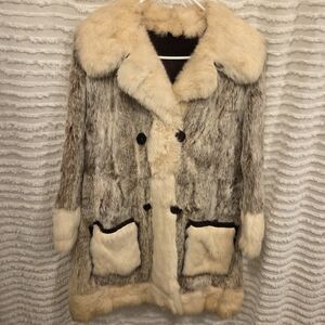 Vintage 70s/80s Fur Coat Double Breasted Leather Trim Y2K‎ Style